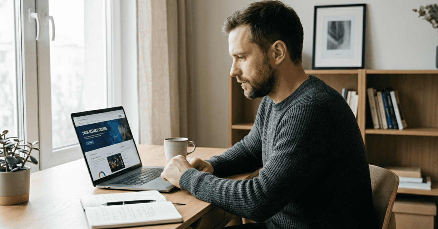  طالب يجلس أمام لابتوب في بيئة عمل واقعية أثناء استخدام منصة تعليمية رقمية. 